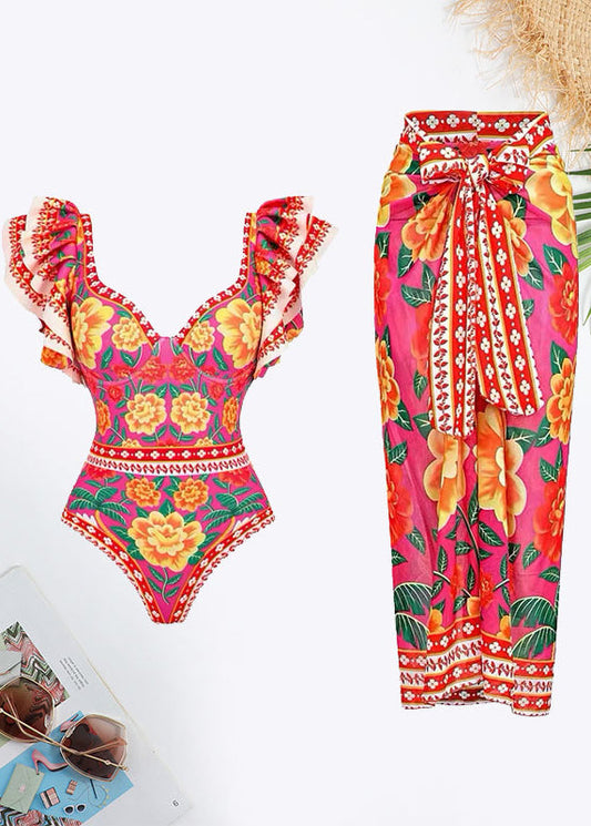 Floral Print Ruffle Trim Swimsuit
