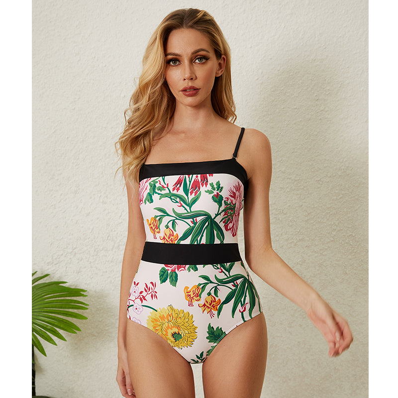 Off Shoulder Back Bow Tie Color Block Printed One Piece Swimsuit and Skirt(Shipped on Sep 25th)