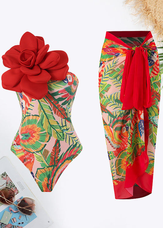 Plants Print Flower Decoration Tie Front Swimsuit