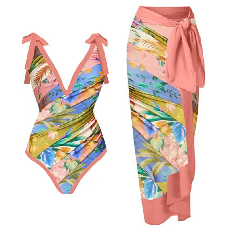 Print One Piece Swimsuit and Splicing Sarong