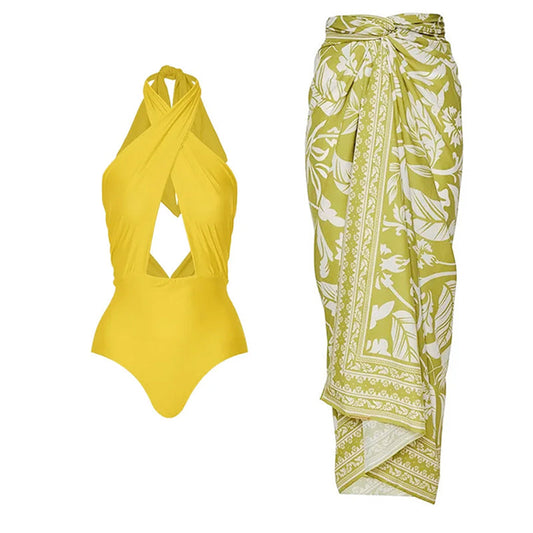 Vioye Solid Color Simple Fashion One Piece Swimsuit and Sarong