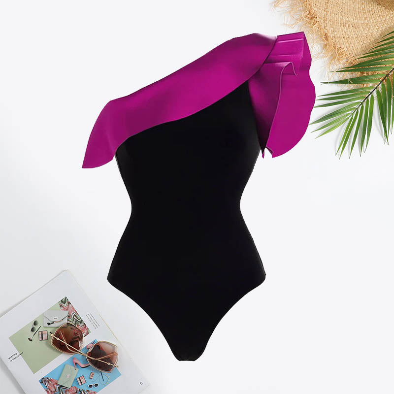 Colorblock One Shoulder Ruffle Trim Twist Front Swimsuit