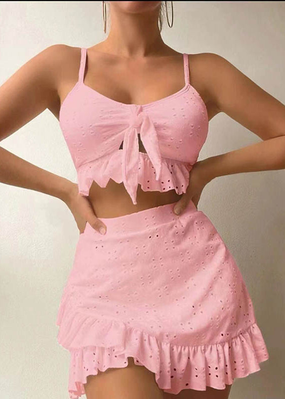 Seaside Sweetie Eyelet Embroidery Wrap Knot Front Ruffle Hem Swimsuit