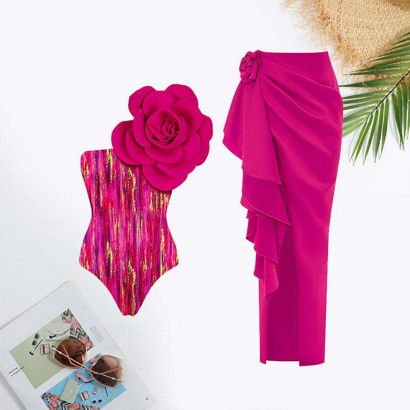 Floral Decoration Tie Dye Print Ruffle Trim Swimsuit