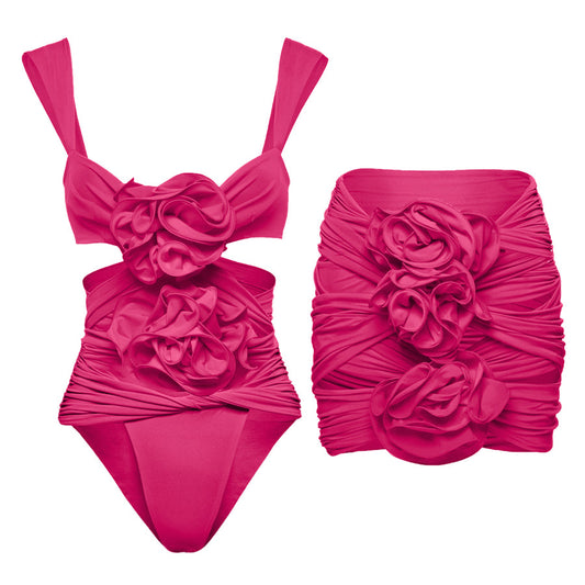 Vioye Rose Red 3D Flower Cutout One Piece Swimsuit and Skirt