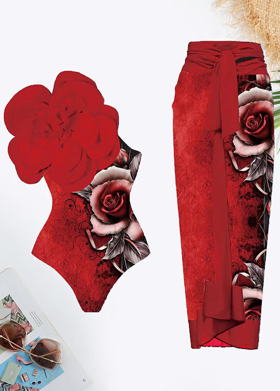 Floral Print Flower Decoration Tie Front Swimsuit