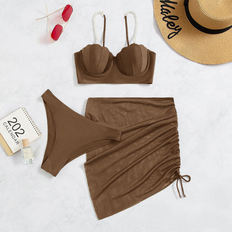 Pearl Decor Push Up Solid Color Sexy Bikini Swimsuit Three-piece Set
