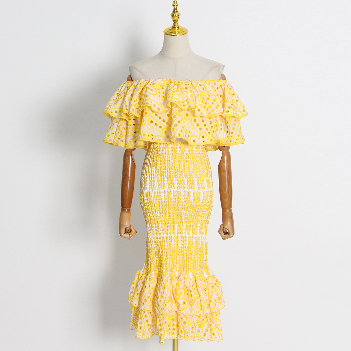 Double Ruffle Embroidery Hollow Out Two Piece Set