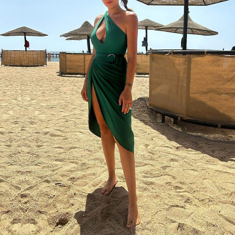 One Shoulder Cut Out Backless Belted Twist Front Swimsuit