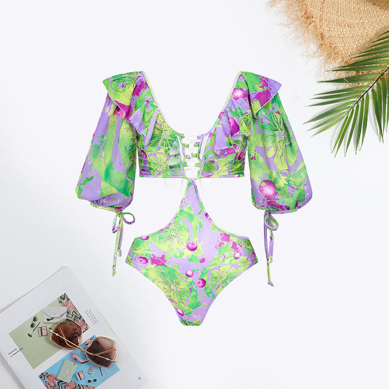 Fruit&Vegetable Print Cut Out Tie Ruffle Hem Swimsuit