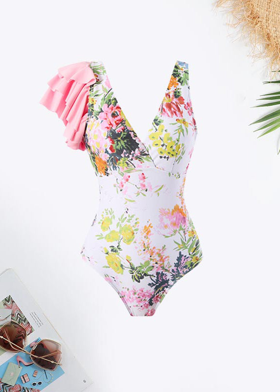 Eloquently Enticing Floral Print V-neck Ruffle Trim Swimsuit