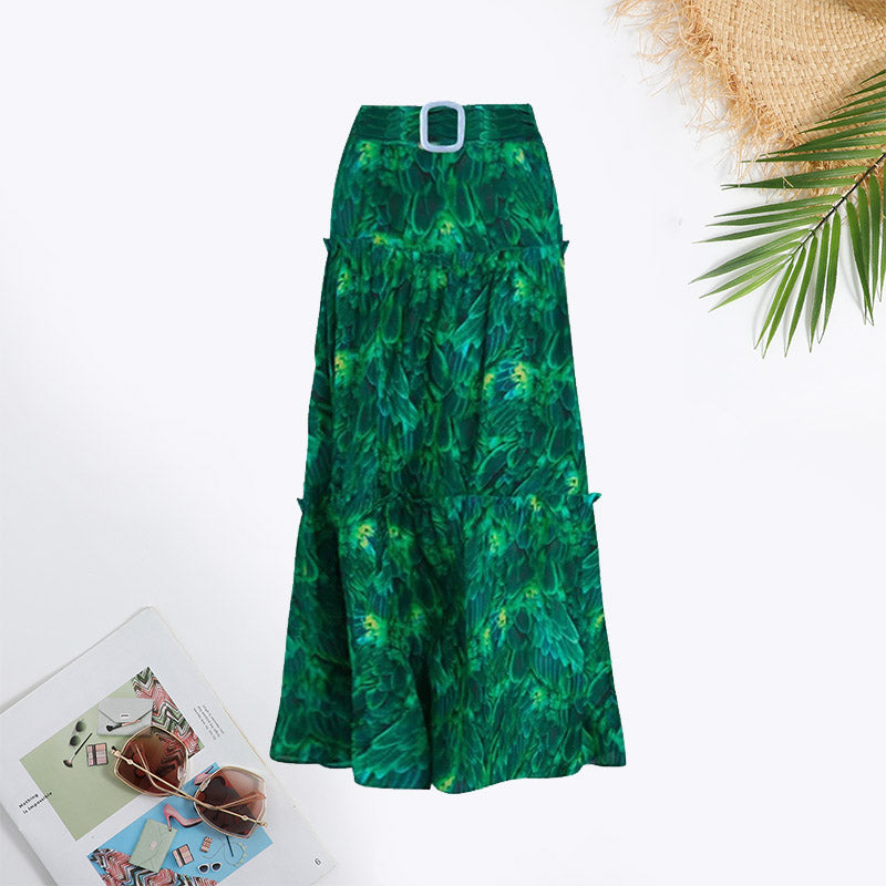 Plants Print Cut Out Belted Ruffle Hem Swimsuit