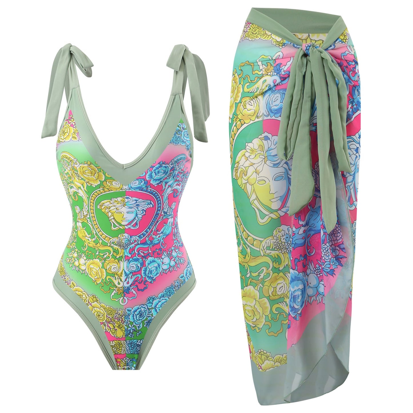 Print One Piece Swimsuit and Splicing Sarong