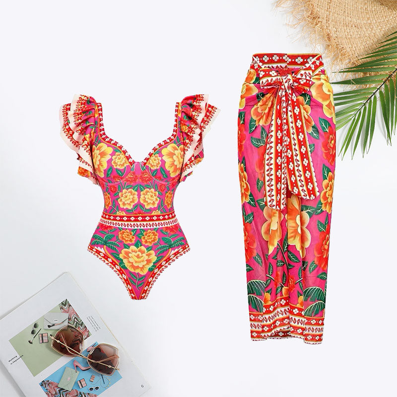 Floral Print Ruffle Trim Swimsuit