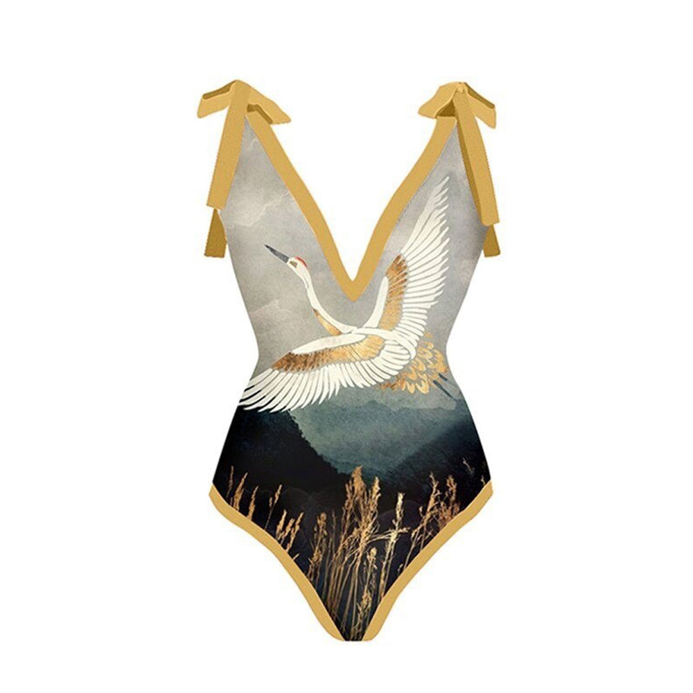 Print One Piece Swimsuit and Splicing Sarong