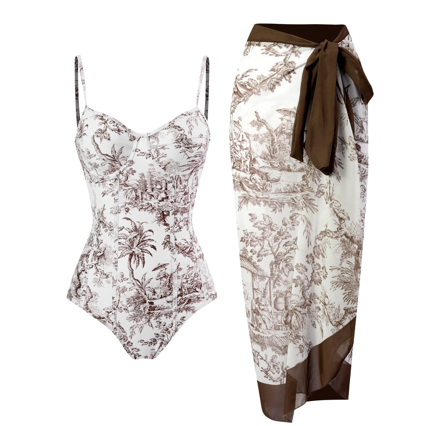 Print One Piece Swimsuit and Splicing Sarong