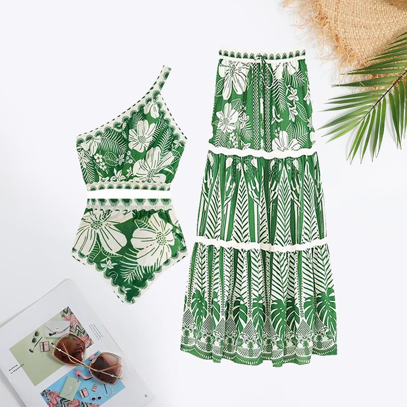 One Shoulder Floral Print Tie Swimsuit