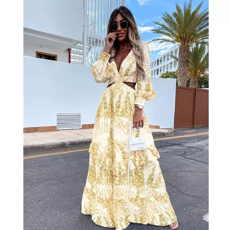 Long Sleeve Cutout Floral Beach Casual Dress