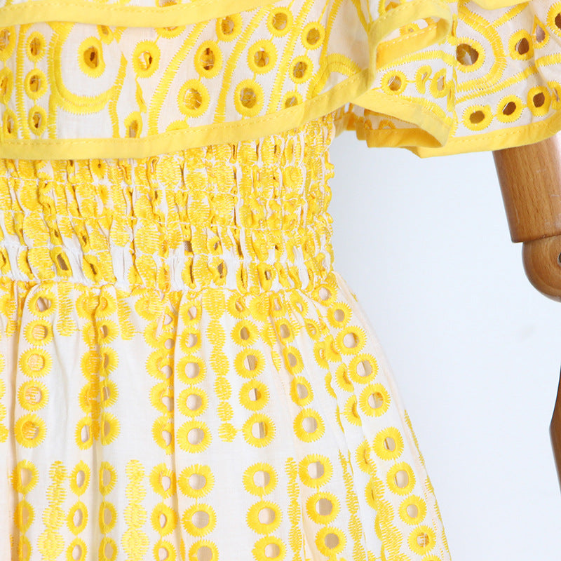 Double Ruffle Embroidery Hollow Out Dress
