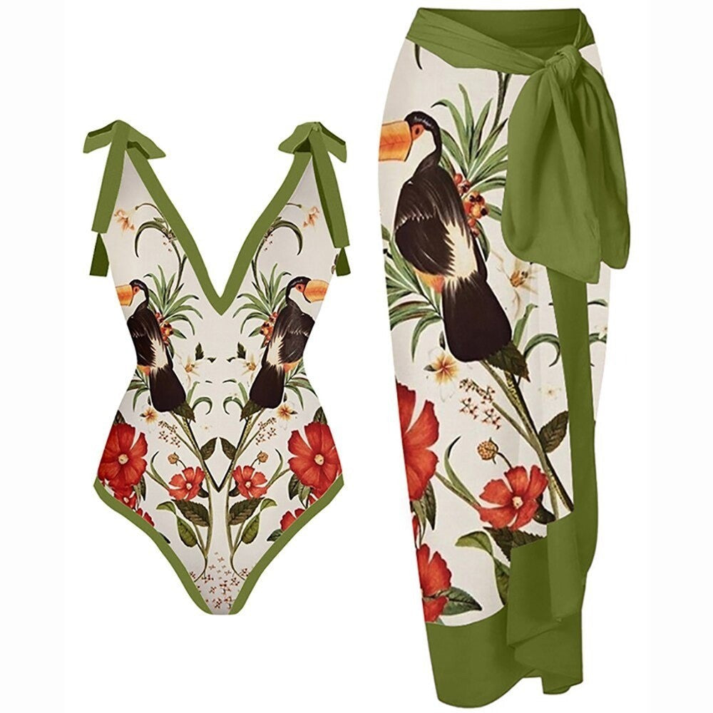 Print One Piece Swimsuit and Splicing Sarong