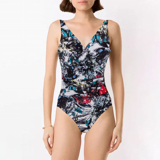 Print One Piece Swimsuit and Splicing Sarong