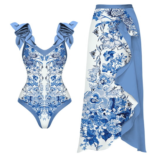 3D Flower Decor Blue and White Porcelain Printed One Piece Swimsuit and Skirt