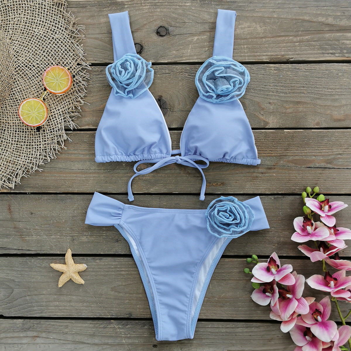 3D Flower Lace up Bikini Swimsuit