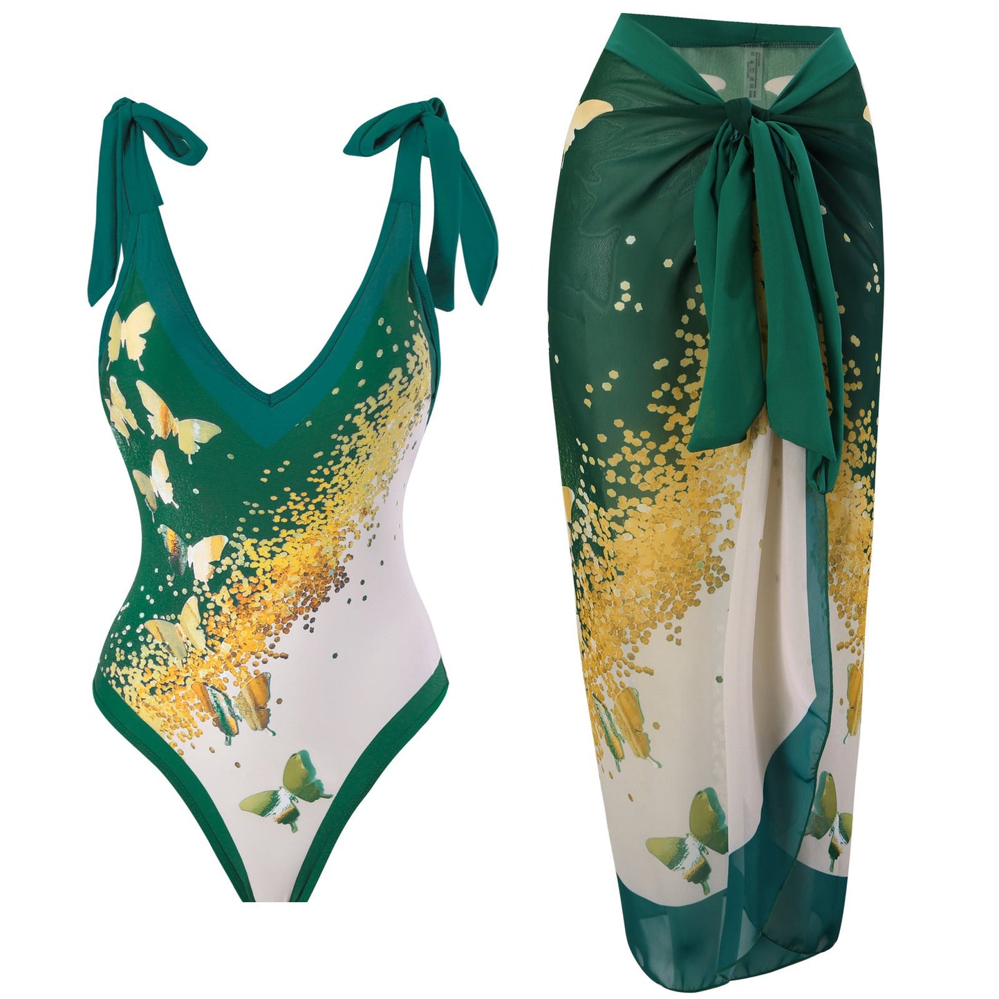 Print One Piece Swimsuit and Splicing Sarong