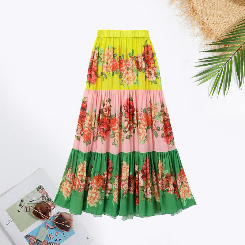 Colorblock Floral Print Ruffle Trim Swimsuit