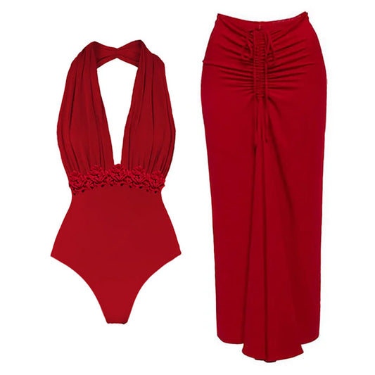 3D Flower One Piece Swimsuit and Sarong