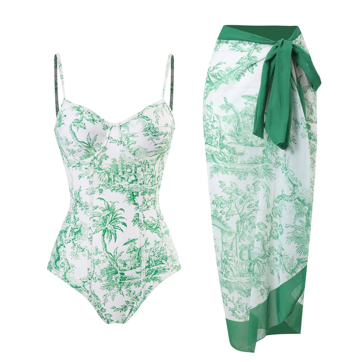 Print One Piece Swimsuit and Splicing Sarong