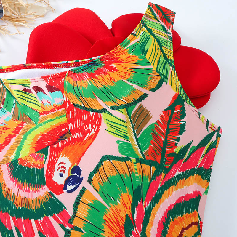 Plants Print Flower Decoration Tie Front Swimsuit