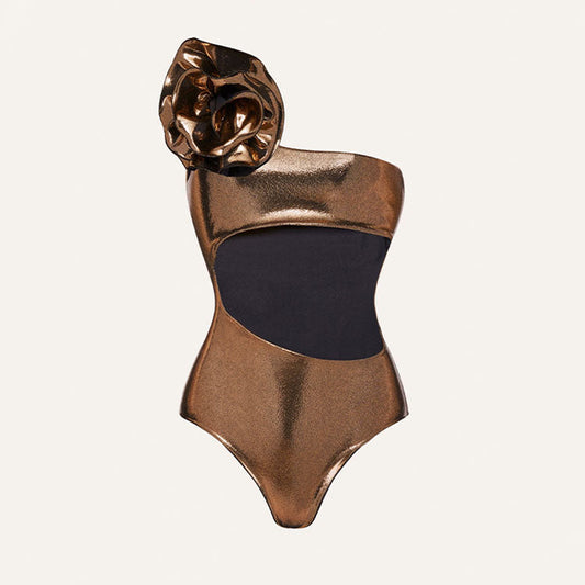 3D Flower One Shoulder Cut out One Piece Swimsuit(Shipped on Jun 18th)