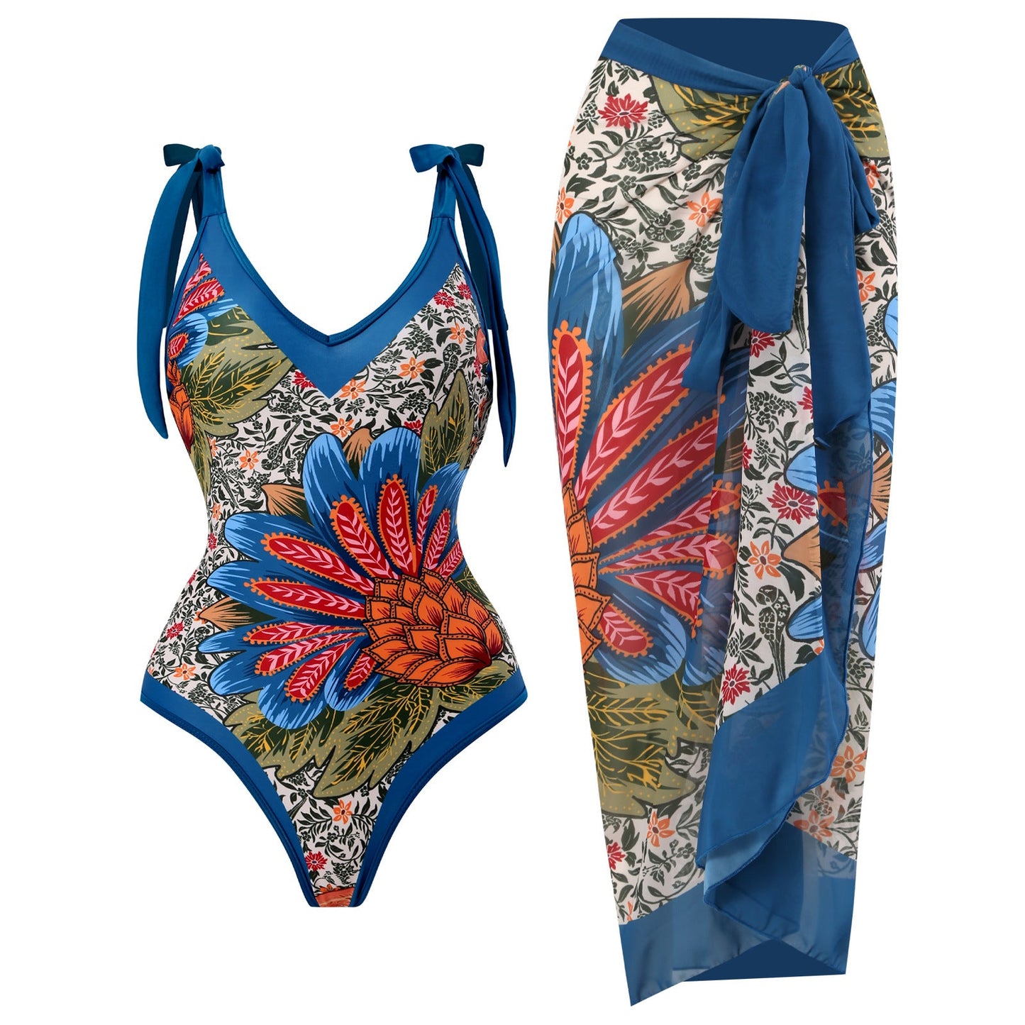 Print One Piece Swimsuit and Splicing Sarong