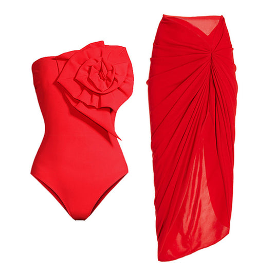 3D Flower Red One Piece Swimsuit and Sarong