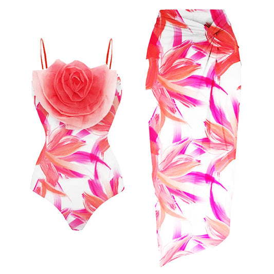 Sling 3D Flower Printed One Piece Swimsuit and Skirt(Shipped on Sep 24th)