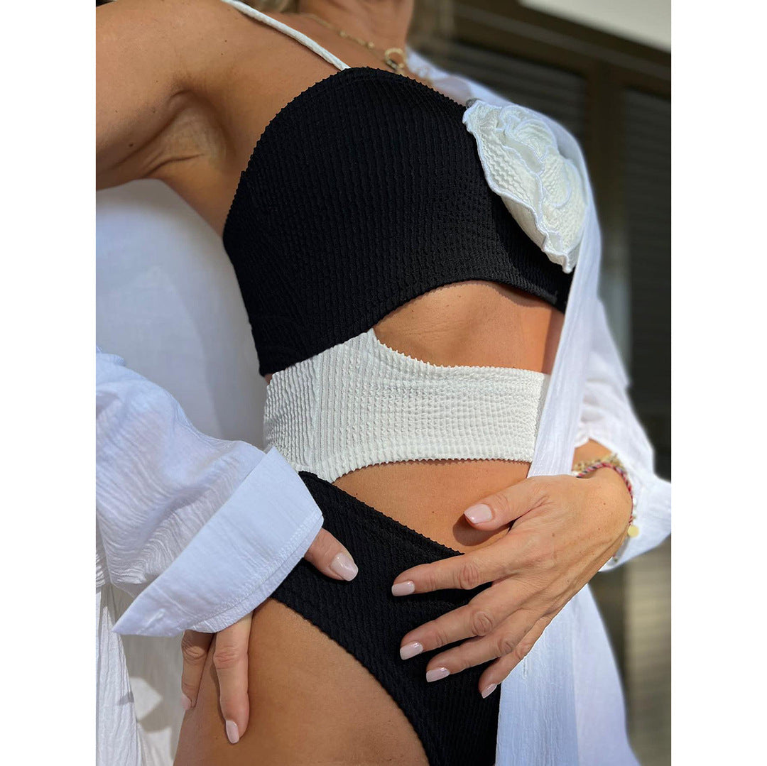 Color Block Cutout 3D Flower One Piece Swimsuit
