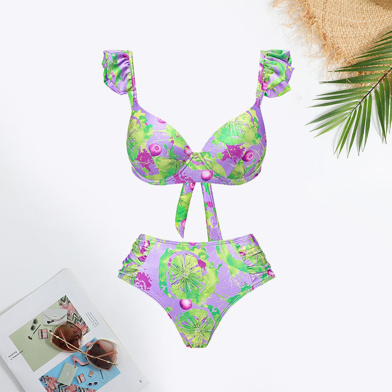 Fruit&Vegetable Print Tie Ruffle Trim Swimsuit