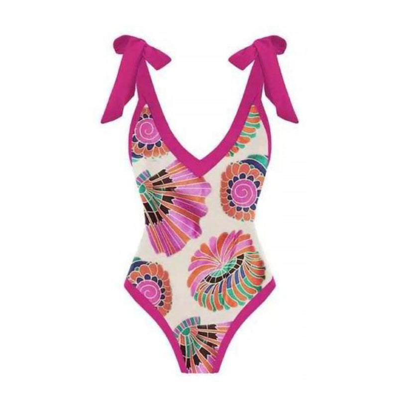 Print One Piece Swimsuit and Splicing Sarong