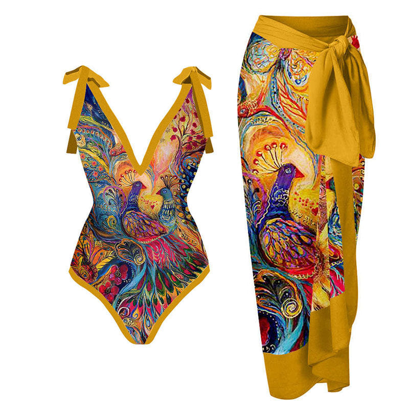 Print One Piece Swimsuit and Splicing Sarong