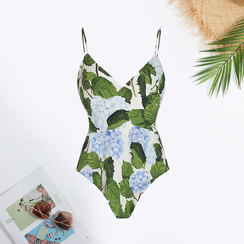 Plants Print Ruffle Hem Swimsuit