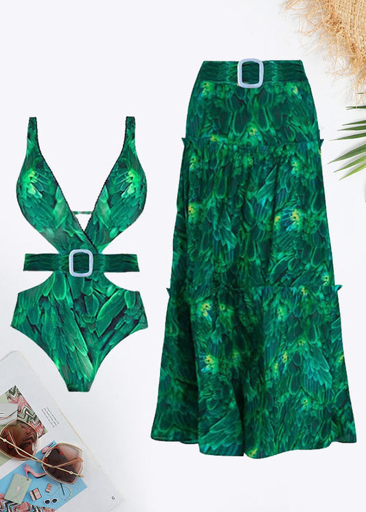 Plants Print Cut Out Belted Ruffle Hem Swimsuit