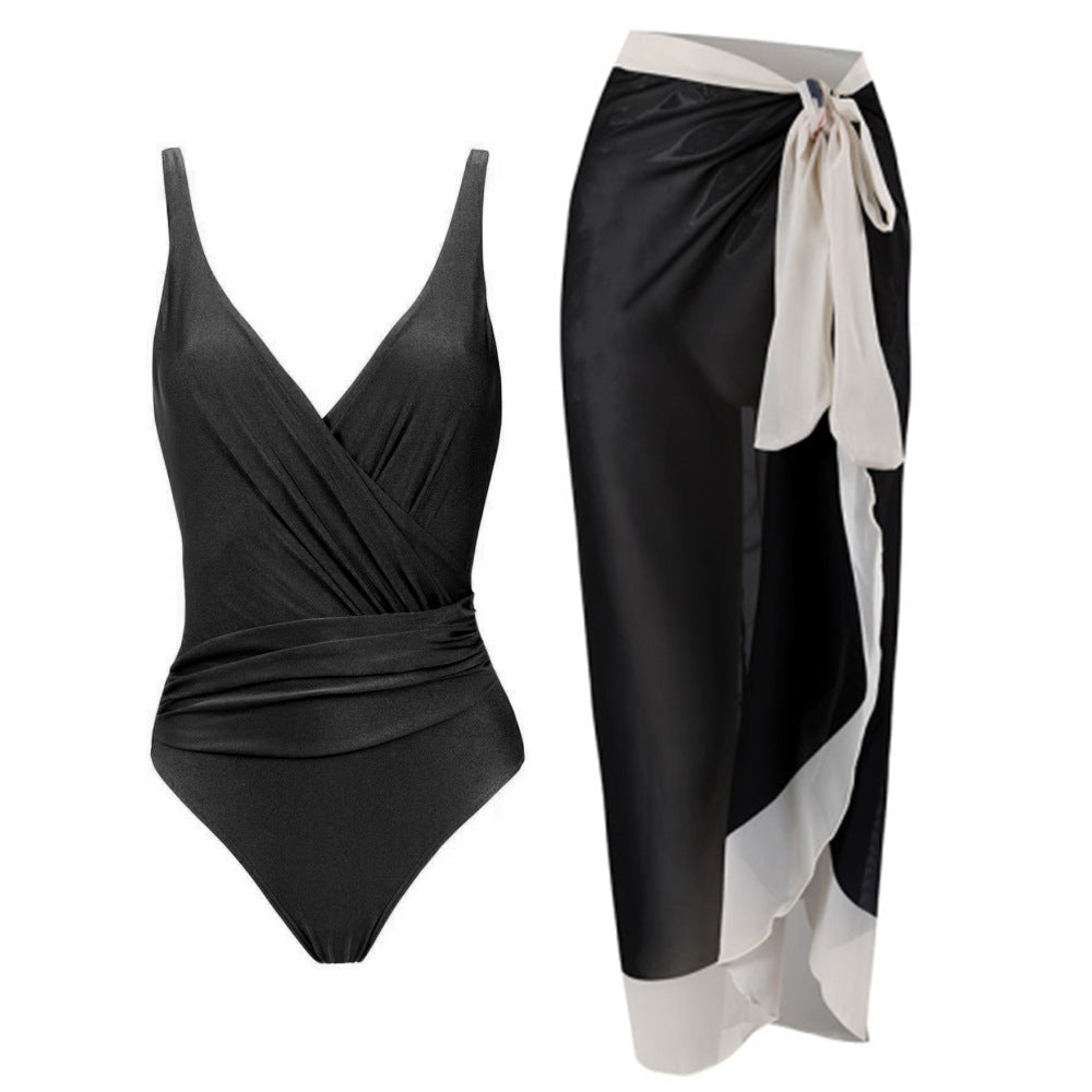 Print One Piece Swimsuit and Splicing Sarong