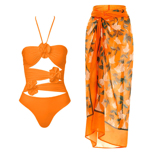 Vioye Halter Cutout 3D Flower Decor One Piece Swimsuit and Sarong