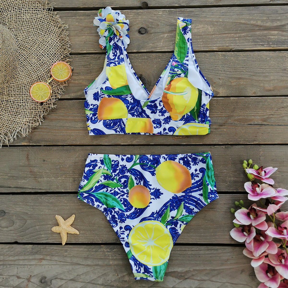 3D Flower Lemon Printed Bikini Swimsuit and Sarong