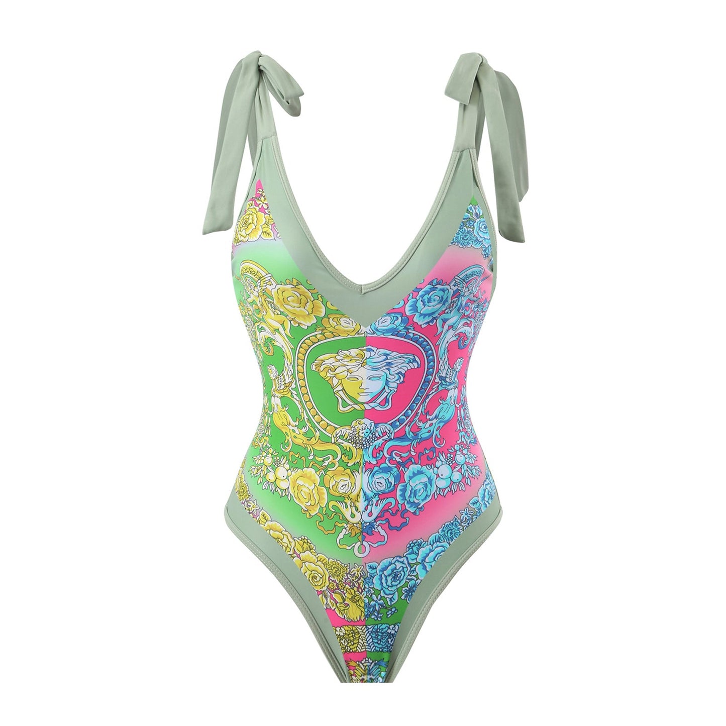 Print One Piece Swimsuit and Splicing Sarong