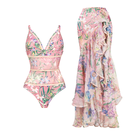 Vioye V Neck Floral Print One Piece Swimsuit and Mesh Splicing Sarong