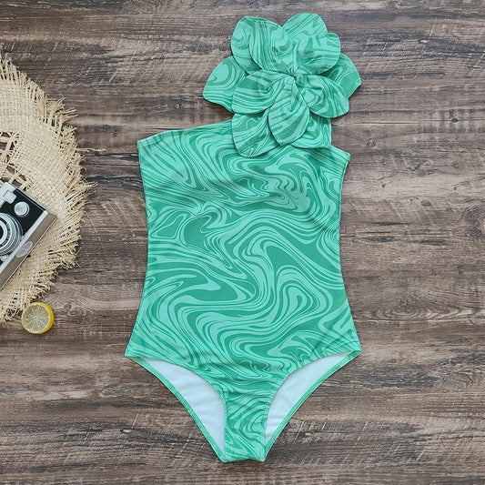 One Shoulder 3D Flower One Piece Swimsuit