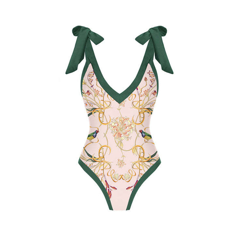 Print One Piece Swimsuit and Splicing Sarong