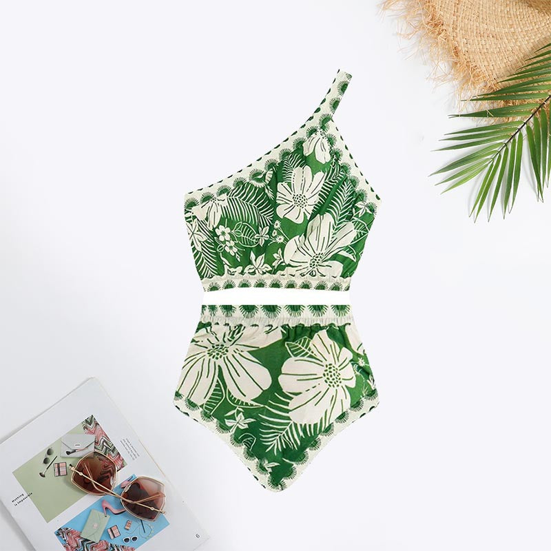 One Shoulder Floral Print Tie Swimsuit